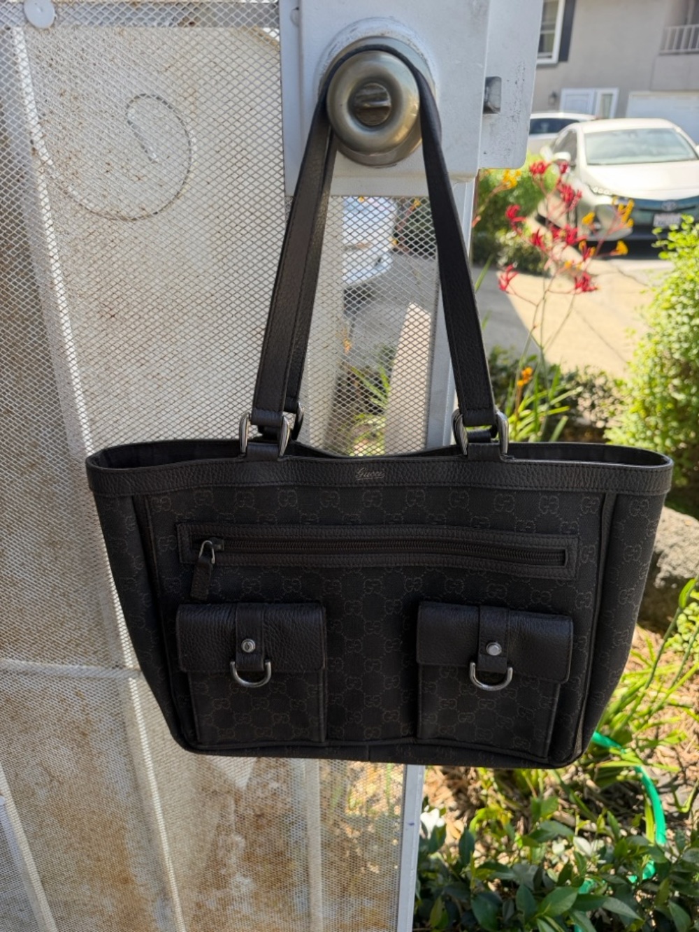 Gucci Black Monogram Canvas Tote with Front Pockets